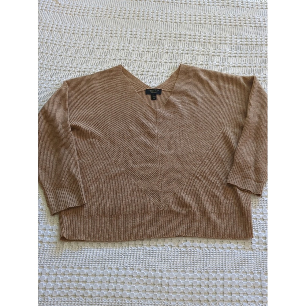 Charter Club Cashmere Ribbed V Neck Sweater Size Large Tan Long Sleeve